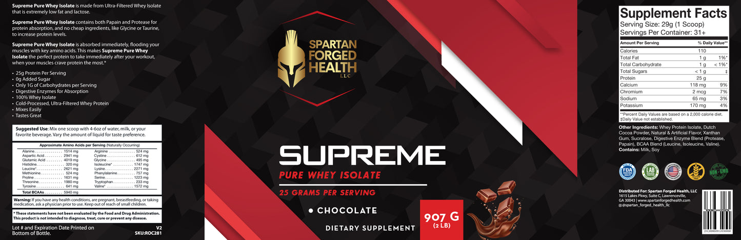 Supreme - Pure Whey Isolate Protein - 26g Per Serving - Chocolate Flavor