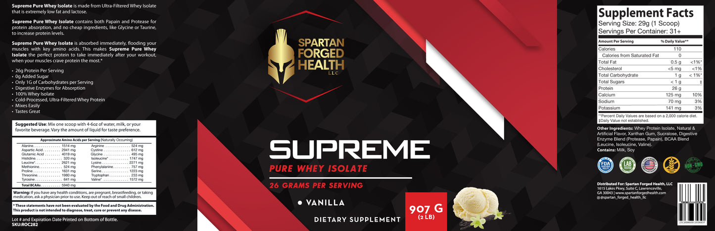 Supreme - Pure Whey Isolate Protein - 26g Per Serving - Vanilla Flavor